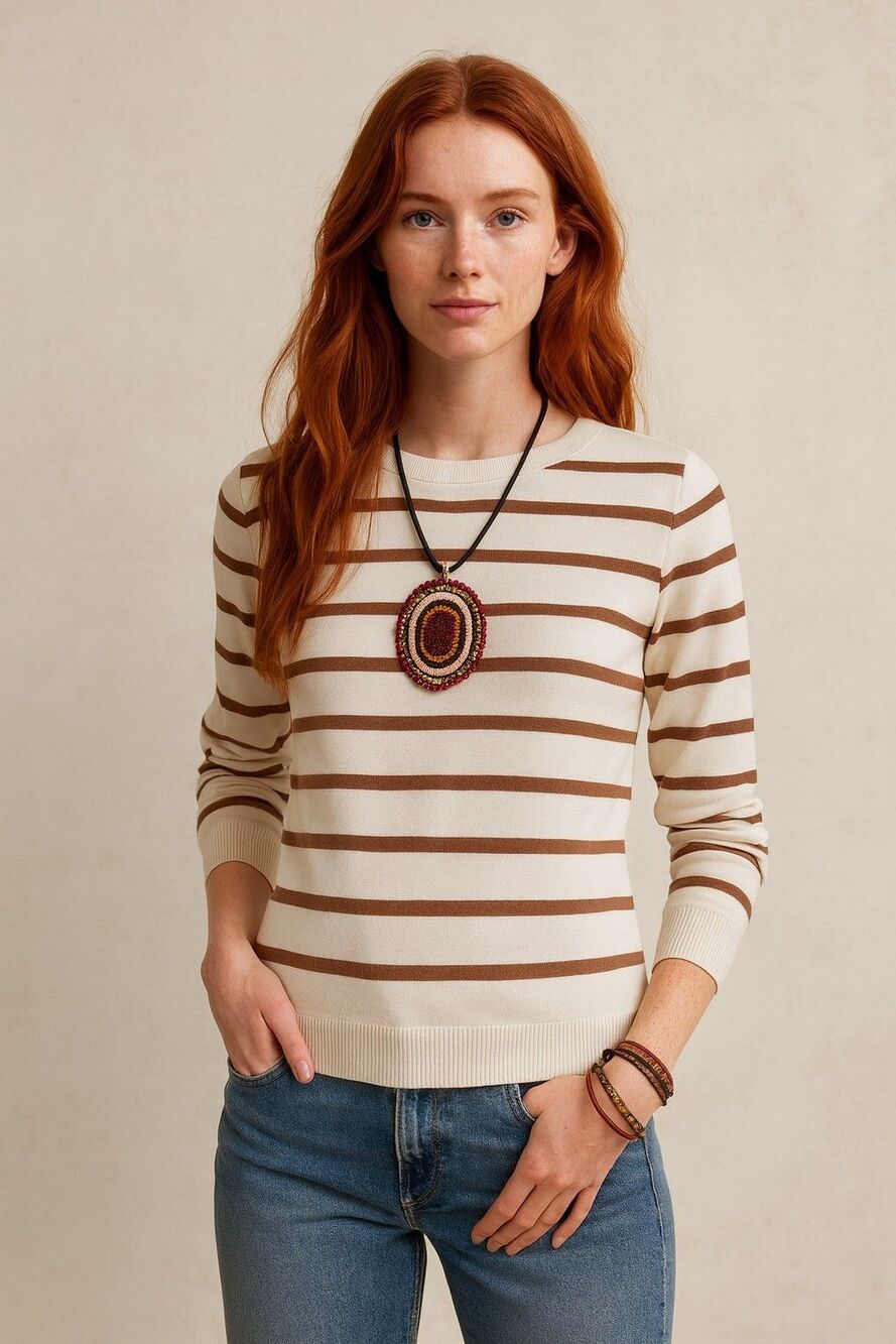 Zesica Cream Sweater With Brown Stripes, Size XL